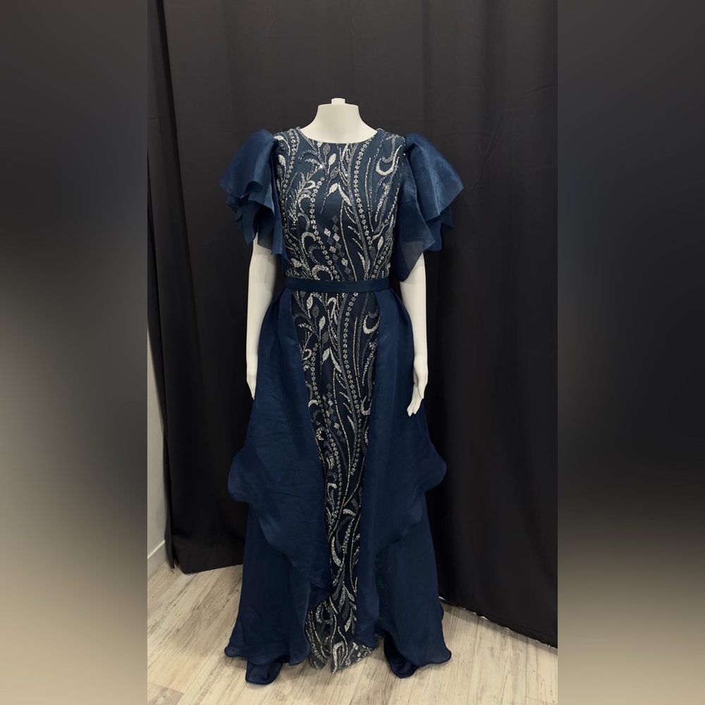 Navy Blue Ruffle Sleeve Evening Gown
